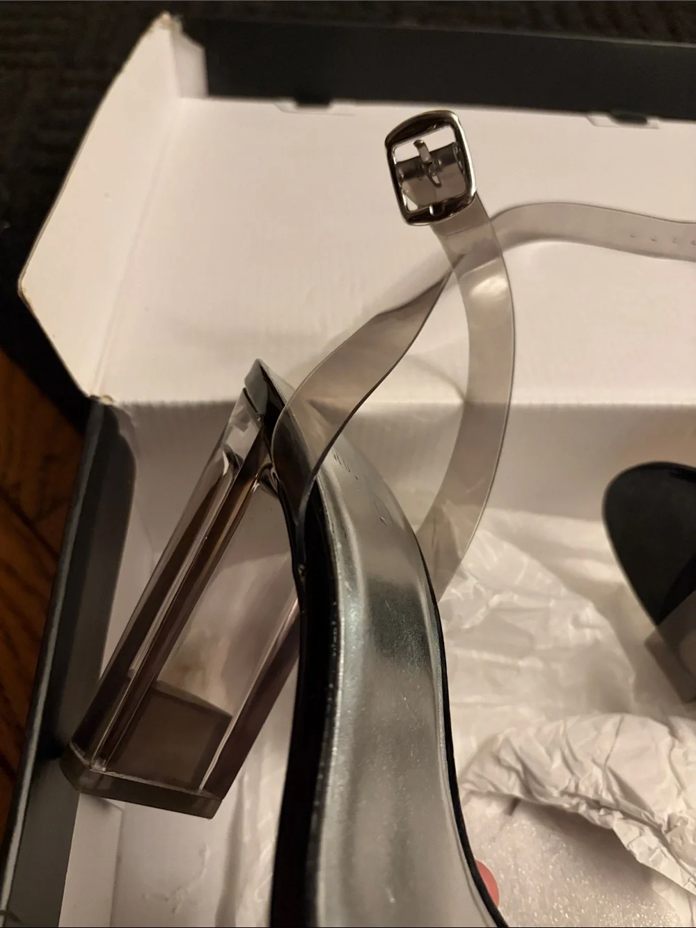ONLY WORN ONCE!!!- Mi Black Patent Block Heel Sandals with Clear Straps